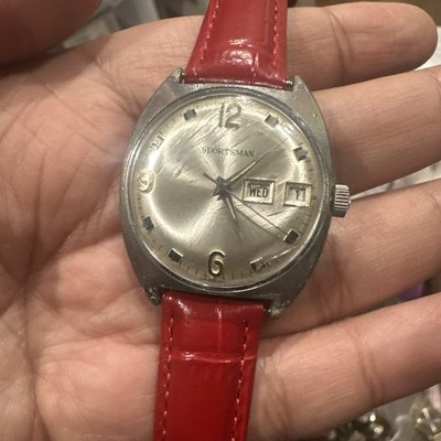 Working Vintage Sportsman Mens Day Date Red Mechanical Watch Germany 34mm Fit 8