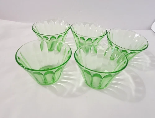 Hazel Atlas Uranium Green Depression Glass 5 Custard Nut Cups Ramekins Glows 2"