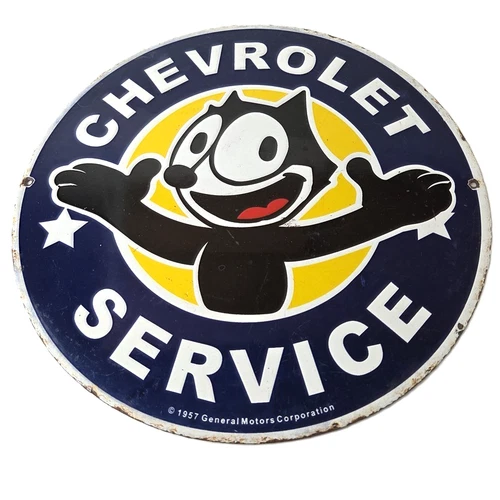 Vintage Chevrolet Porcelain Sign - Service Chevy Felix The Cat Gas Pump Ad Sign