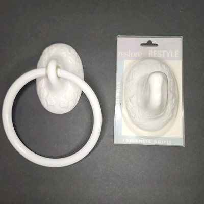 Vtg Restore & Restyle Bathroom Wall Hook & Towel Ring White Ornate Romantic 