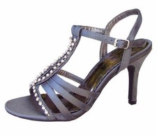 Ladies Wedding Party Heeled Evening Shoes Sandals Diamante Dark Grey Pewter NEW
