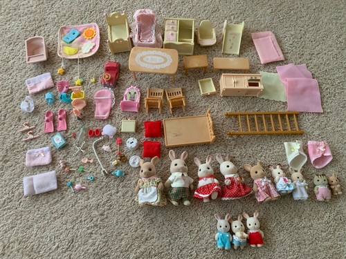 Lot Of 12 Calico Critters Rabbits Babies Figures & Furniture And Accessories
