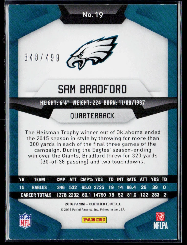 2016 Panini Certified #19 Sam Bradford Mirror #/499 - Image 2 of 2