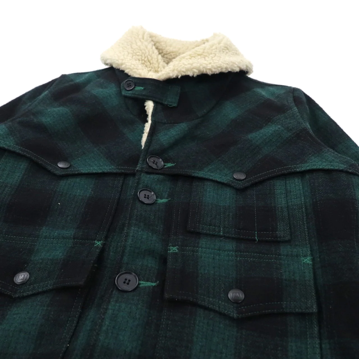 TMT Gang Coat boa Lunch Coat M Green Checked Wool TJK-F1306