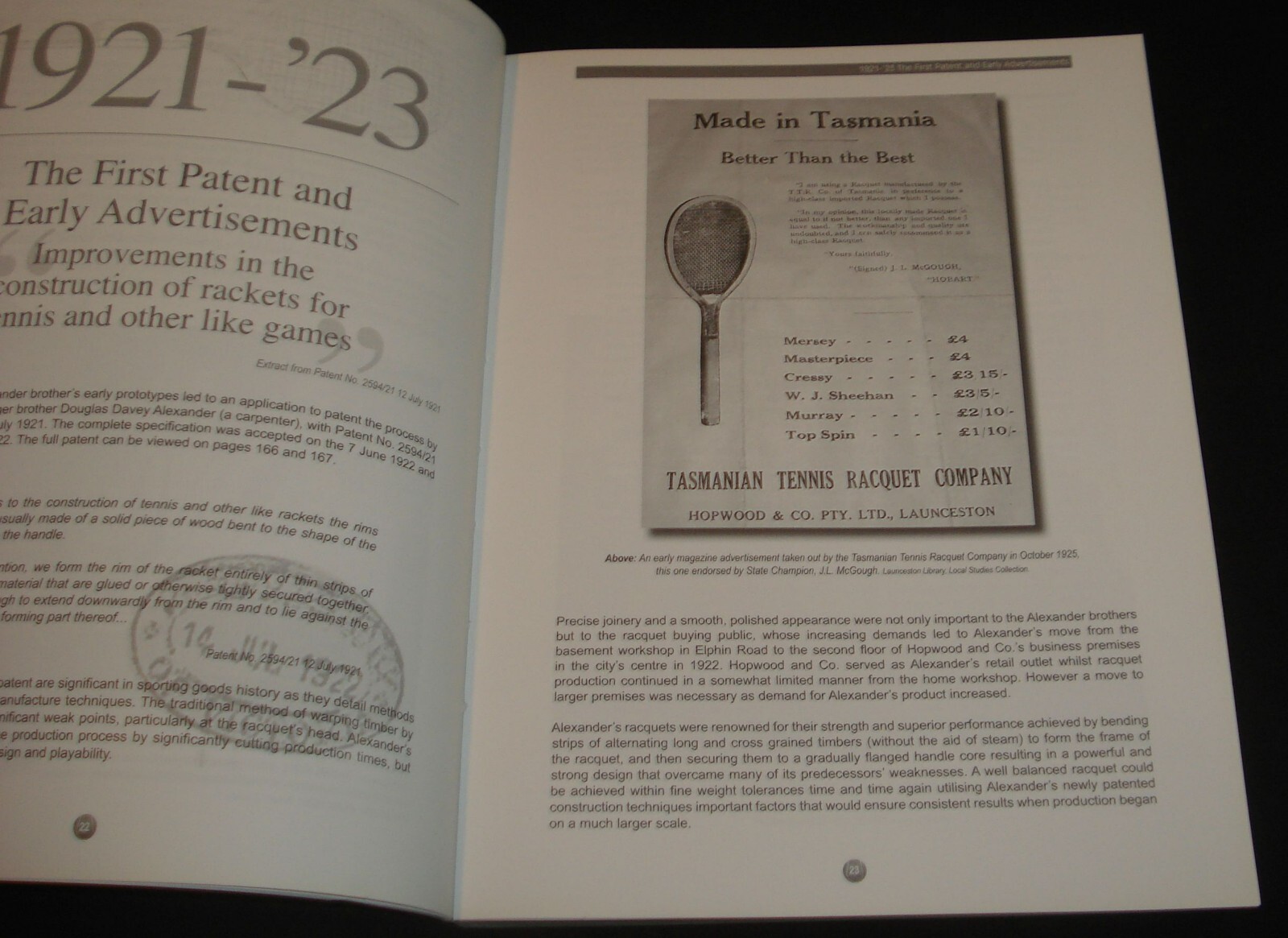 TASMANIA WHAT A RACKET ALEXANDER PATENT TENNIS RACKET LAUNCESTON 1925