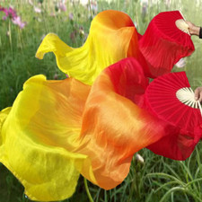 HAND MADE PAIRS 1.5M BELLY DANCE 100 SILK FAN VEILS RED ORANGE YELLOW COLOR