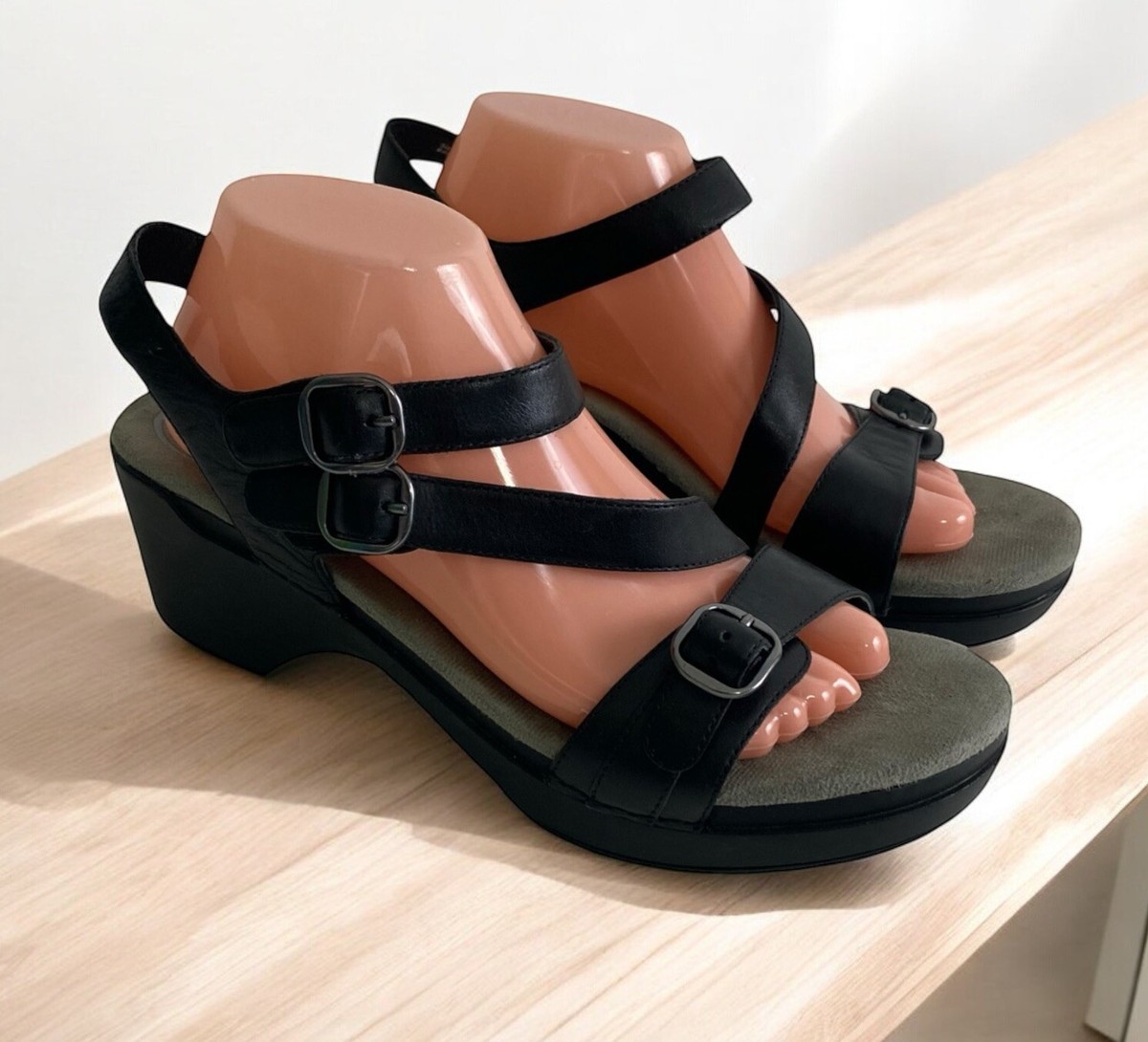Dansko Sacha Black Leather 3 Strap Slingback Wedge Sandal Comfort Sz 42  11.5-12 | eBay