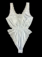 Sara Beth 1pc Teddy Lingerie Size SM White Shiny Satin Floral Lace Vintage