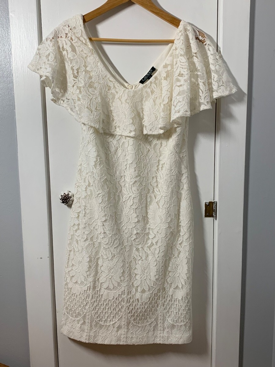 ralph lauren black label lace dress Ralph Lauren Women's Black Label White Lace Crochet Mini Dress Top Ruffle  SZ 10