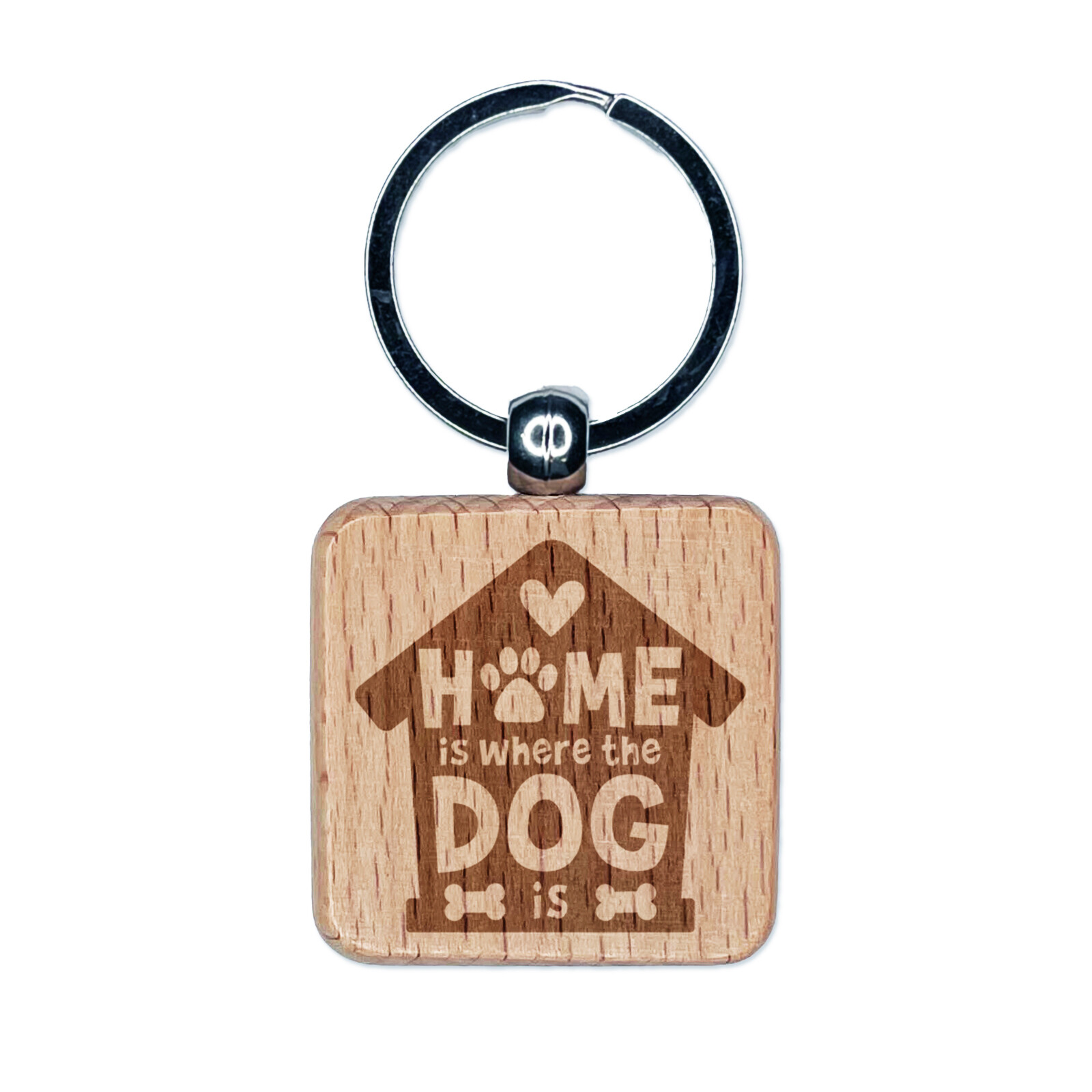 Home Is Where the Dog Is Engraved Wood Square Keychain Tag Charm