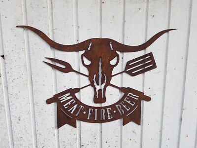 MEAT FIRE BEER Schild XL in Edelrost Grillen Grill