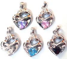 MOTHER  CHILD PENDANT Charm CZ Heart Gem .925 STERLING SILVER 5 Stone Colors 