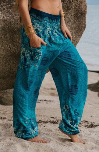 Turquoise Harem Pants Mandala Print Smock Waist Hippie Yoga Trousers Boho - Picture 1 of 7