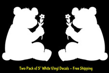 Baby Bear with Flower Two 5" White Vinyl Decal Car Truck Window Laptop Tablet