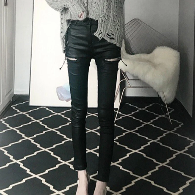 Ladies Punk Pencil Pants Faux Leather PU High Waist Trousers Zip