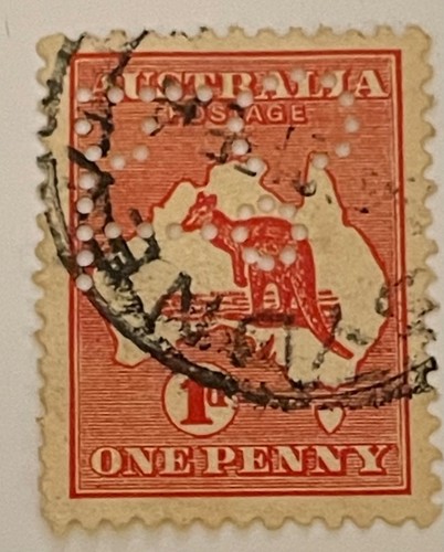 PERFIN postage stamp Australia 1 penny kangaroo PT Co