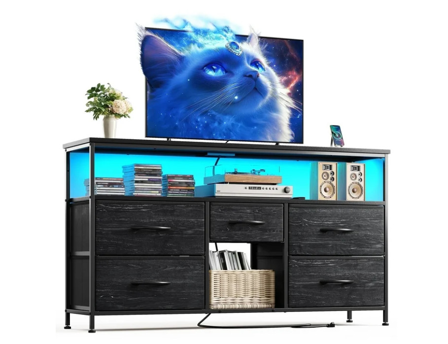 EnHomee Wide Dresser TV Stand with 5 Drawers, LED Lights & Power Outlets, Black