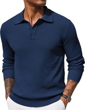 Men   s Long Sleeve Knit Polo Shirt Casual Waffle Texture Collared Sweater Top