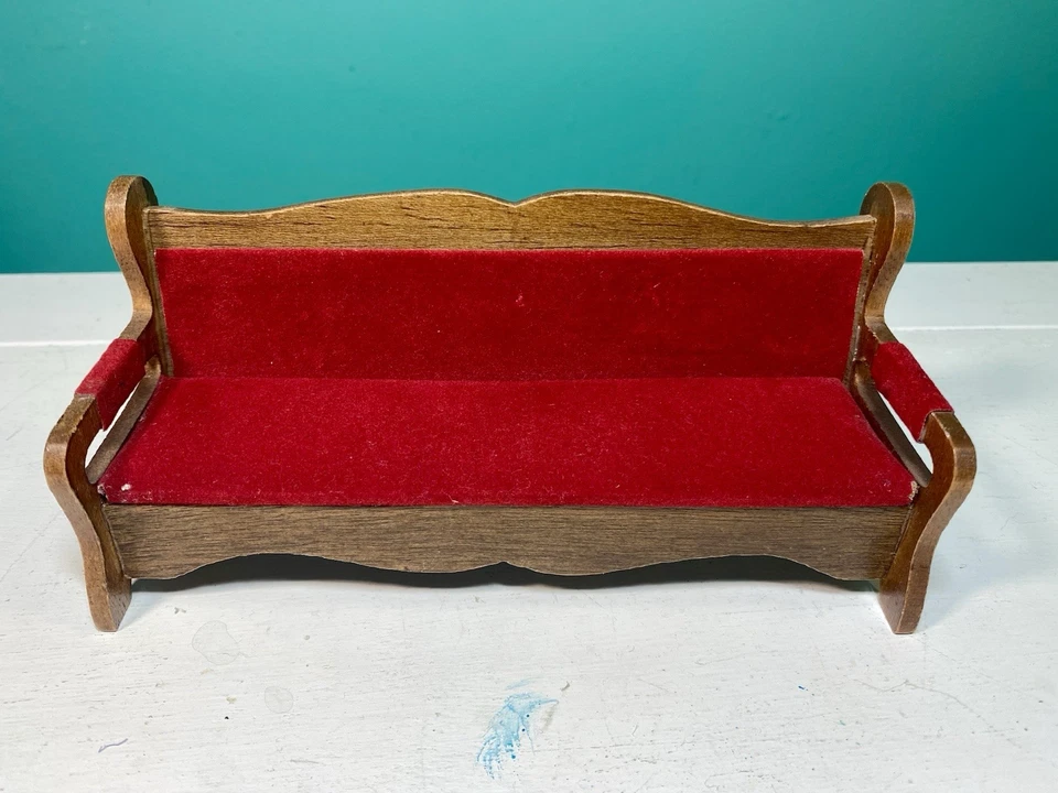 Vintage Dollhouse Wooden Sofa with Red Velvet Fabric Cushions - Image 3 of 4