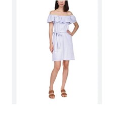 Michael Kors Women's Blue/White Striped Off Shoulder Ruffled Dress S NWT