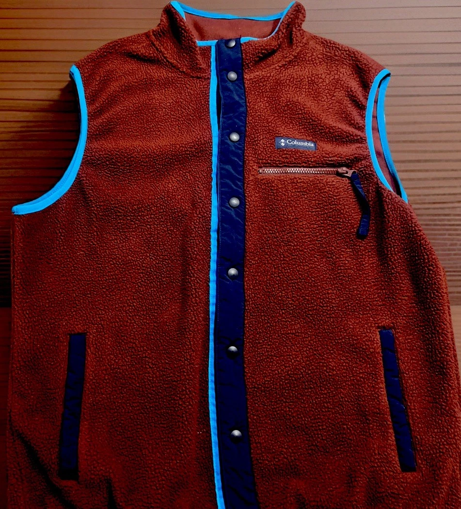 Columbia Fleece Vest Mens Large Brown Rust Snap Front Retro Outdoor Hiking NNT