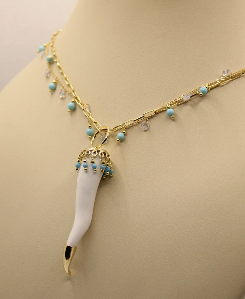 COLLANA ARGENTO CORNO SCARAMANTICO PASTA DI TURCHESE PASTA DI AGATA BIANCA - Immagine 4 di 4