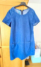 Mantarray Blue Cotton Denim Shift Dress Size 12 Scoop Neck Zip Pockets