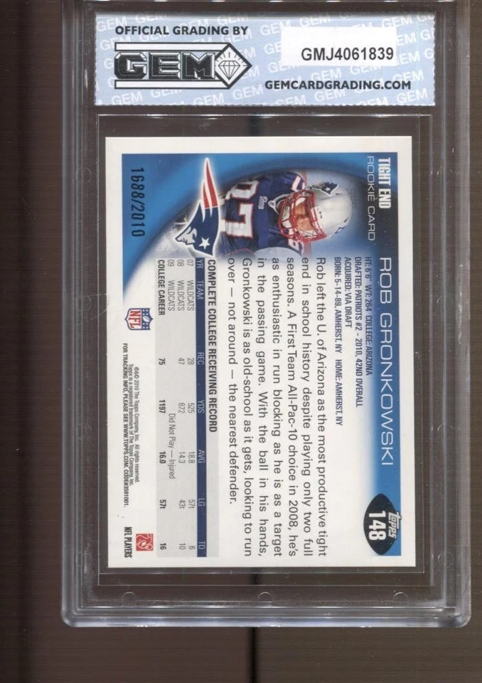 Rob Gronkowski Topps 2010 oro #145 gema como nueva 10 radiocontrol New England Patriots Foto 2 de 2