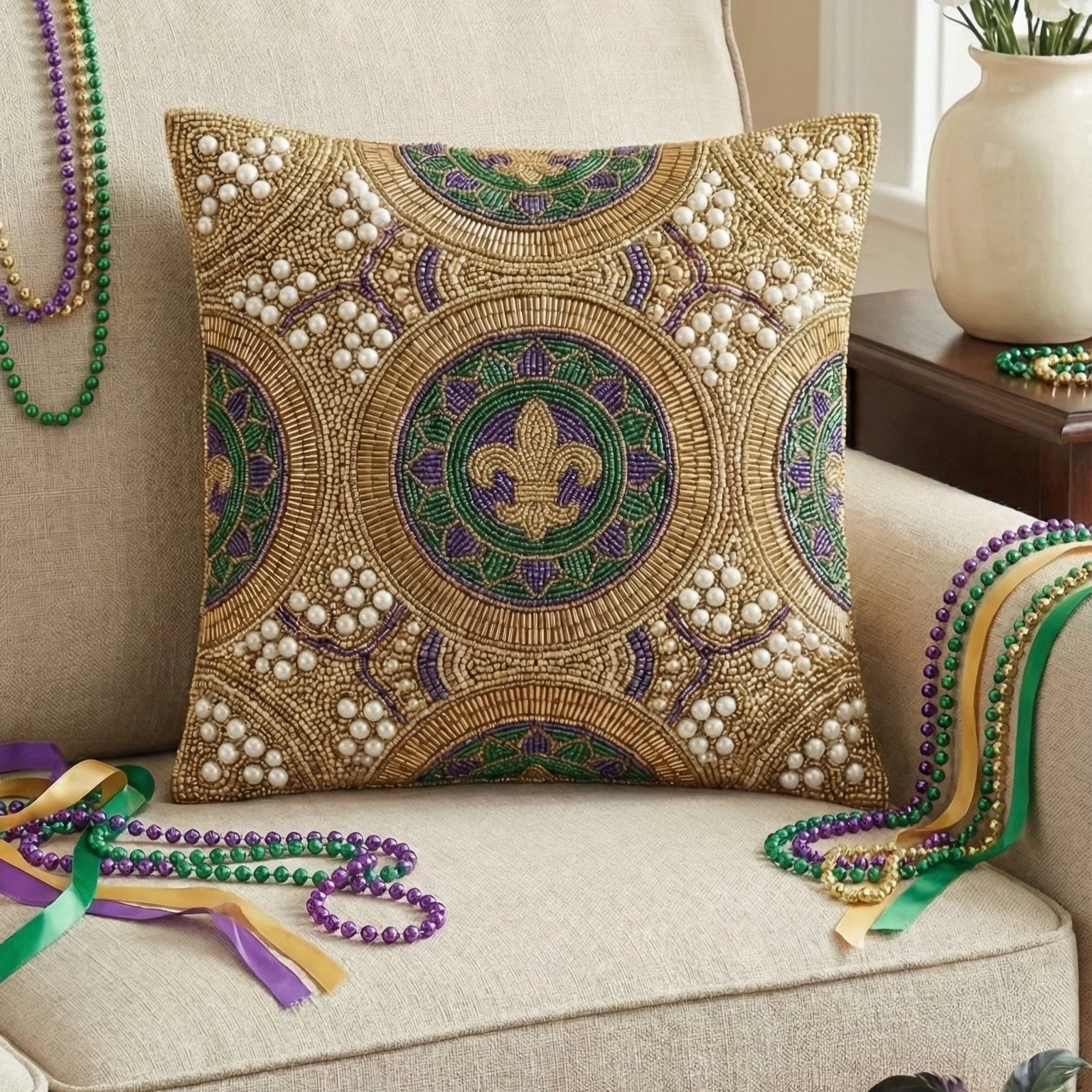 Hand-Beaded Fleur-de-Lis Throw Pillow Cover | Ornate Gold, Purple & Green Decor
Opens in a new windo