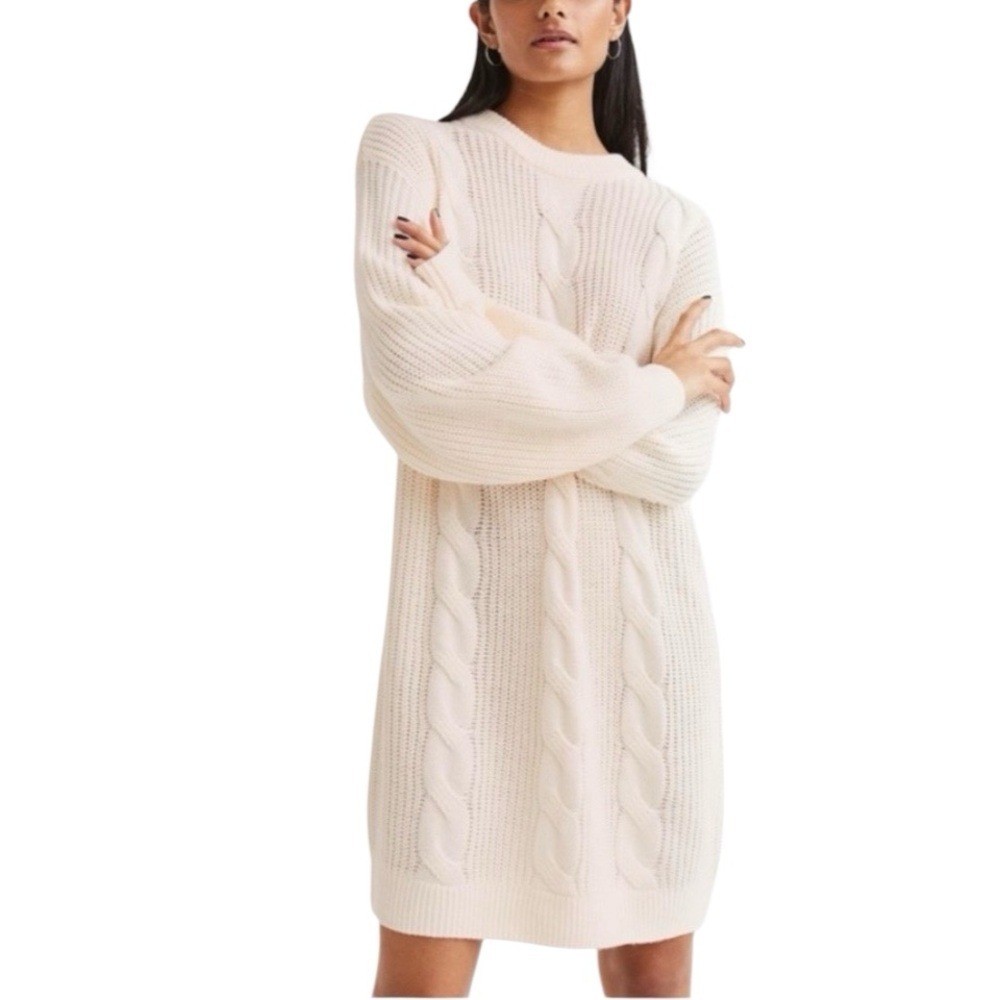 H&M Divided Cable Knit Balloon Long Sleeve Crew Neck Dress Creamy White  Small | eBay