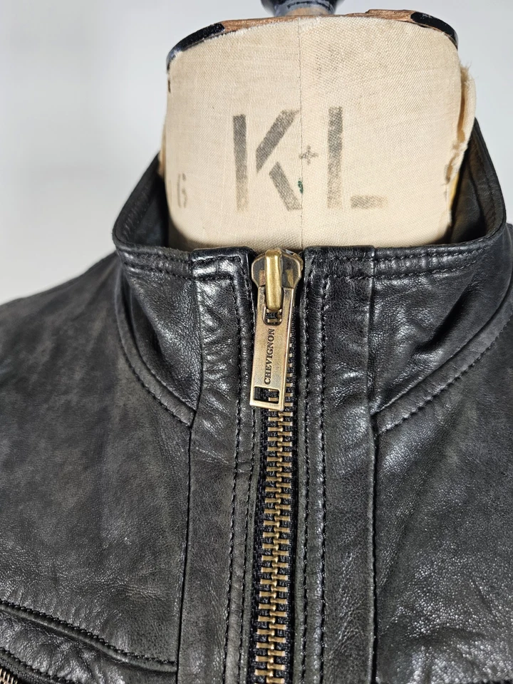 Chevignon Lambskin Leather Jacket Men's Medium Racer Black Faded Soft Slim Biker - Image 3 of 4