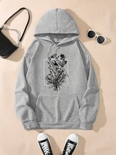 Cute Flower Print Hoodie Versatile Drawstring Kangaroo Pocket Hoodies Sweatshirt