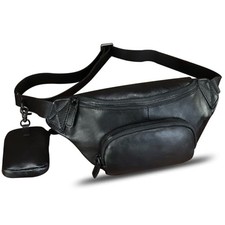 Genuine Leather Waist Bag Hip Bag Fanny Packs for Women and Men Real Black