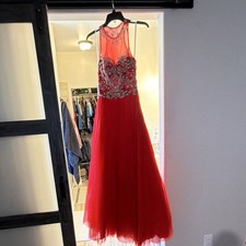 Rachel Allan Red Beaded Embroidered Halter Tulle Gown Rhinestone Size 6