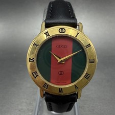 Gucci 3000L Watch Women 26mm Red Green Dial Gold Plated Round Leather New BattA1