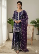 Wedding Wear Pure Fendy Silk Purple Top Palazzo With Dupatta For Women  Girls