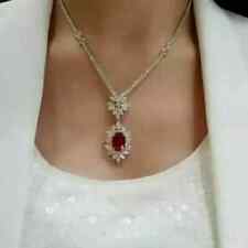 15CT Oval Cut Lab-Created Ruby Halo Tennis Necklace 14K White Gold Plated 18"