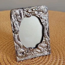 VTG Japanese Dragon Mini Picture Frame Yellow Gold Pewter Cast Iron Meiji Era