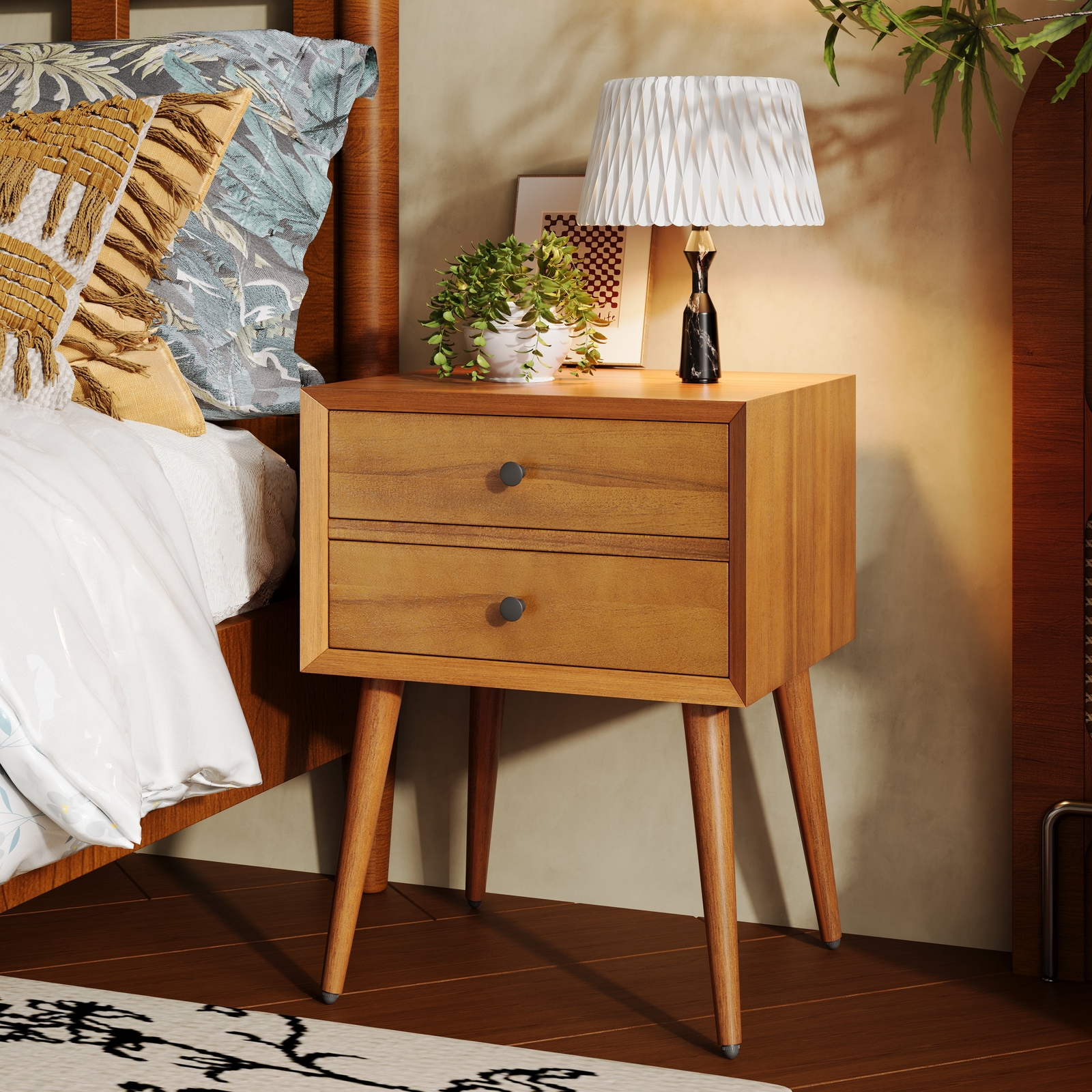 Rustic Wood Nightstand with 2 Spacious Storage Drawers
