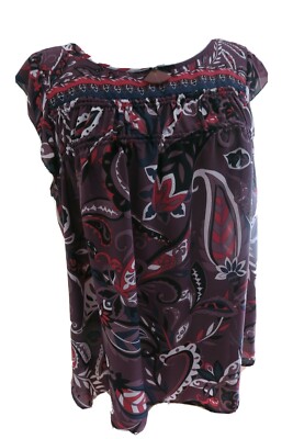 Womens LOFT Silky Paisley Print Gathered Yoke Top Shell Blouse Shirt sz L Mint!