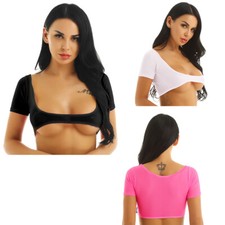 Women Seethrough Mesh Sheer Open Bust Crop Top Short Sleeve Bra Vest Tank
