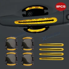 8x Yellow Carbon Fiber Reflective Car Door Handle Bowl Safety Warning Sticker