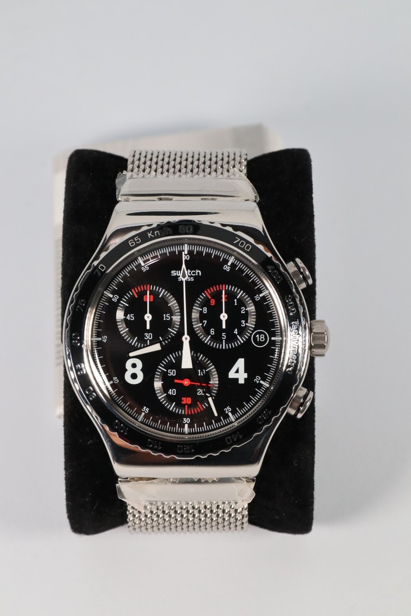 New Swiss Swatch YVS401GB Black Dial Metal Band Chronograph Quartz 