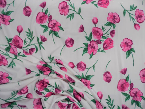 Printed DTY Spandex Stretch Apparel Fabric Pink Green White Rose Floral B407 - Picture 1 of 1
