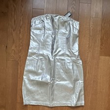 boohoo Metallic Bandeau Mini Dress Silver Size 6 Strapless Sleeveless Solid