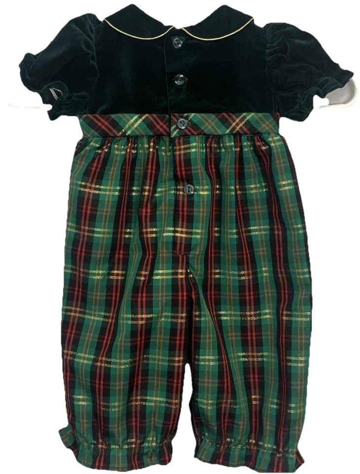 Винтажный зеленый бархатный и клетчатый рождественский цельный комбинезон для ребенка 3-6 месяцев - Изображение 4 из 4