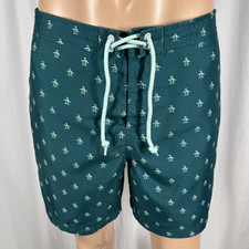 Original Penguin Men's 38W Dark Green Logo Print Mesh Lined Volley Swim Shorts