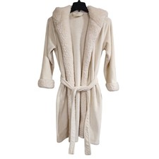 Pottery Barn Plush Robe Women  s Sz S Sherpa Trim Cream Hooded Belted Spa Pockets