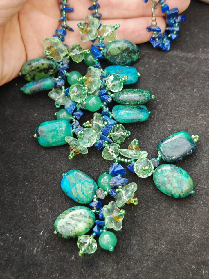 Collar de piedras preciosas de vidrio y cristal flor festón crisocola lapislázuli Foto 4 de 4