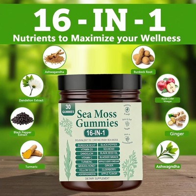 16 in 1 Organic Sea Moss Gummy | Irishmoss Extract 6000Mg | Green Apple Flavor